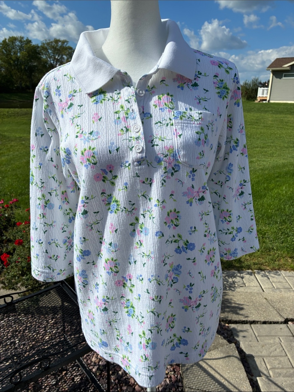 Blair White Floral Button Polo Top with Pink & Blue Blooms S